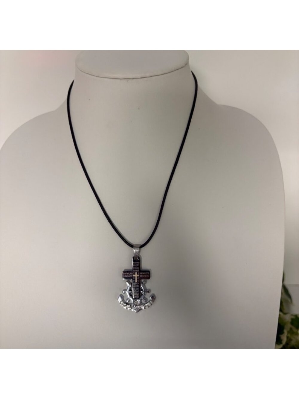 Cross Anchor Pendant Necklace Black Cord Rhinestone Faith Nautical Jewelry